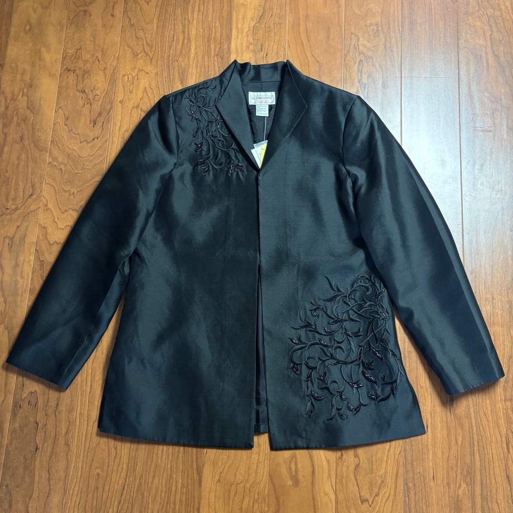 Victor Costa Occasion Black Silk Beaded Embroidered Blazer Jacket A41972 Medium